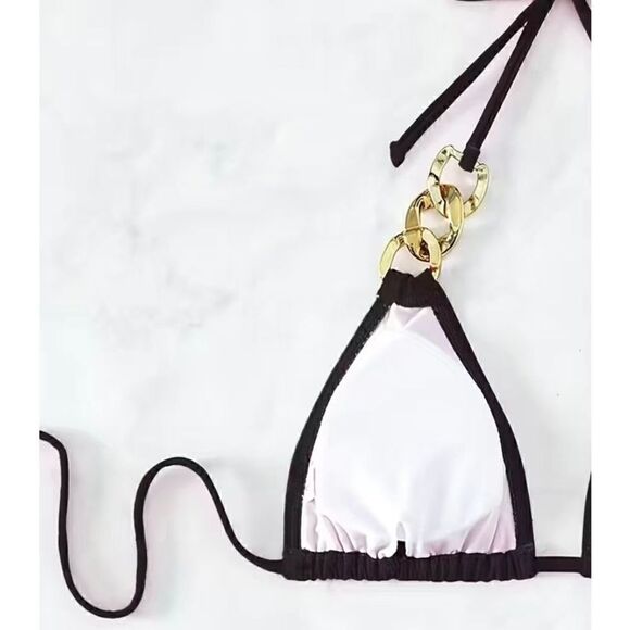 NEW SZ XL Woman’s Black V-Neck Tie Back Gold Ring Link Bikini - Picture 5 of 6